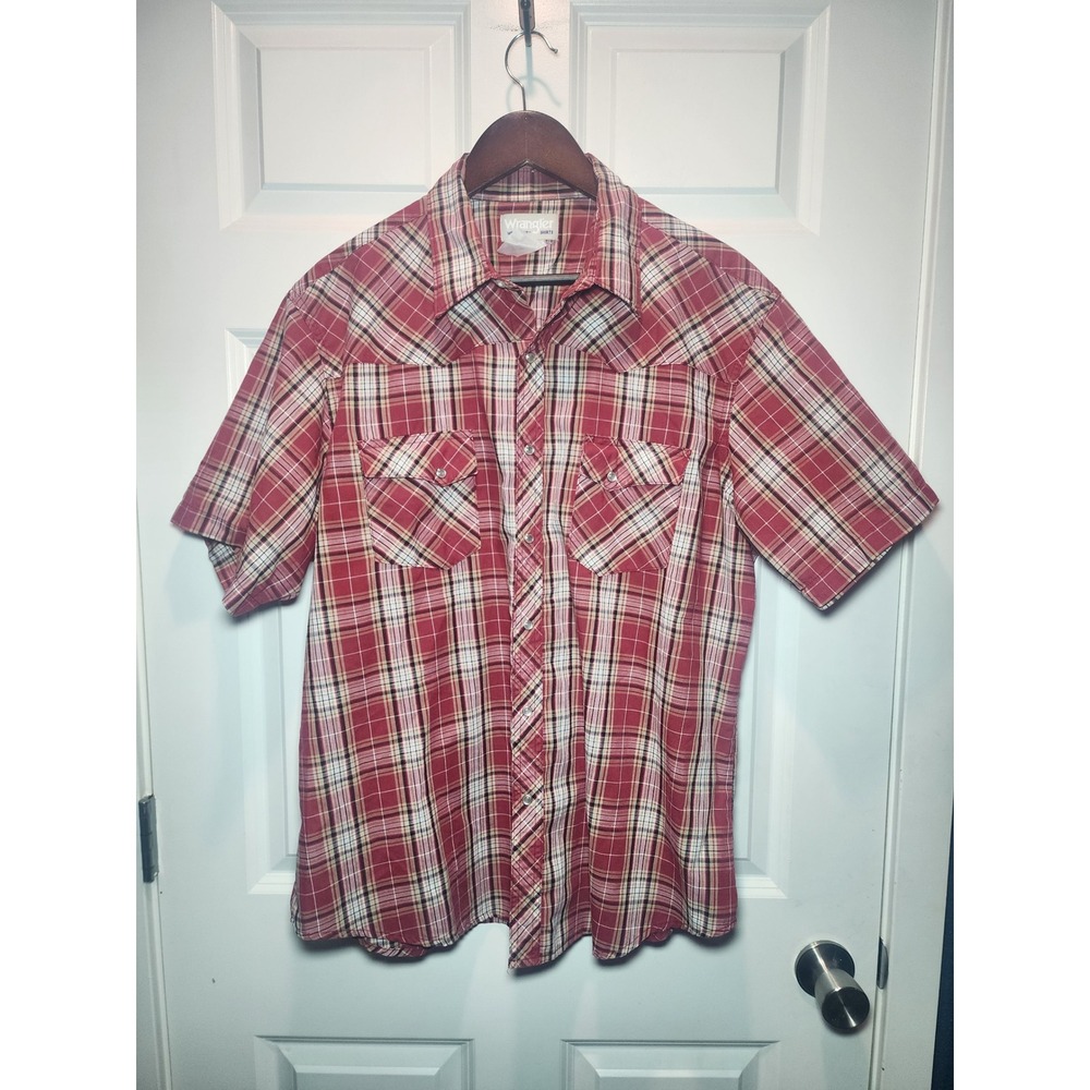 Wrangler Wrancher Mens Red Plaid Short Sleeve Western Pearl Snap Shirt 90s XL